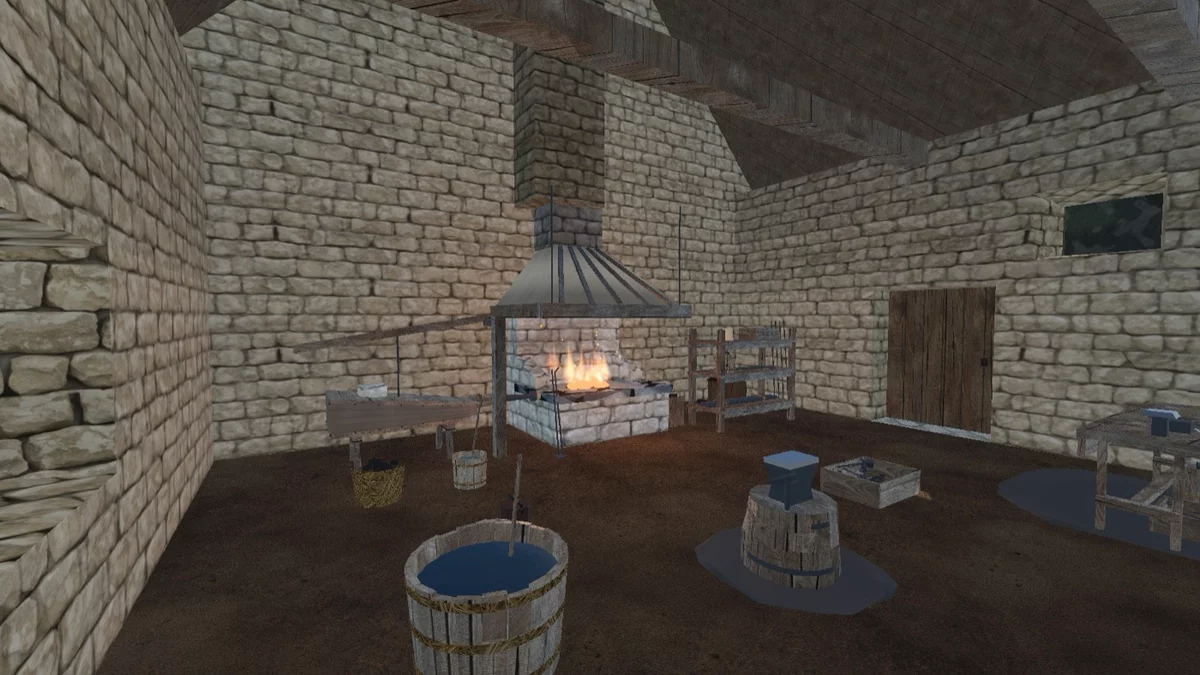 Inside the forge bay: hearth with hood and bellows, anvil on its stump, quench tub