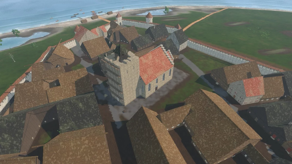 The Lower Town from above: St Olaf church, the town wall with towers, and the harbour