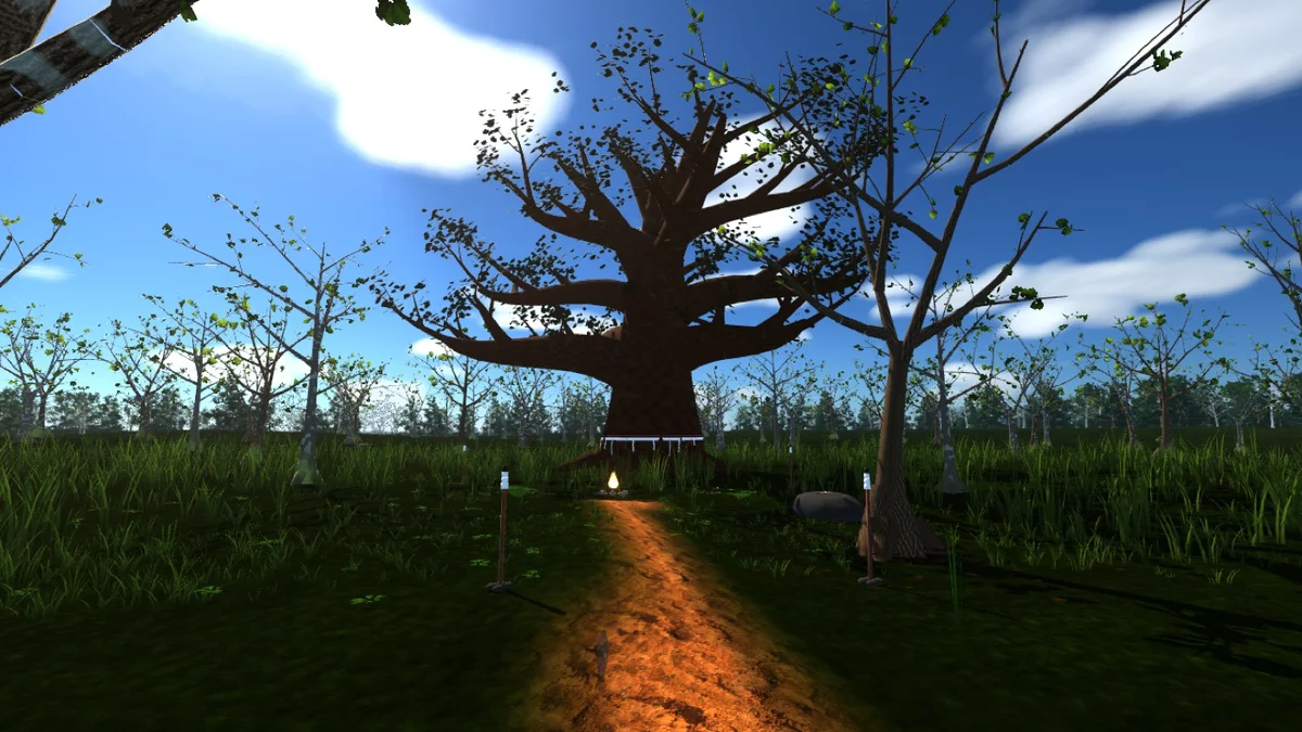 The sacred grove outside the walls: an ancient oak with offering fire