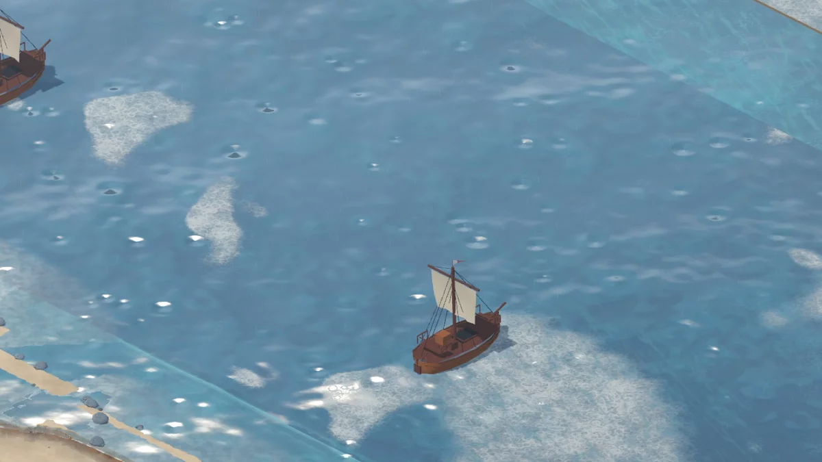 A sailing ship in a stormy harbour with whitecaps and foam
