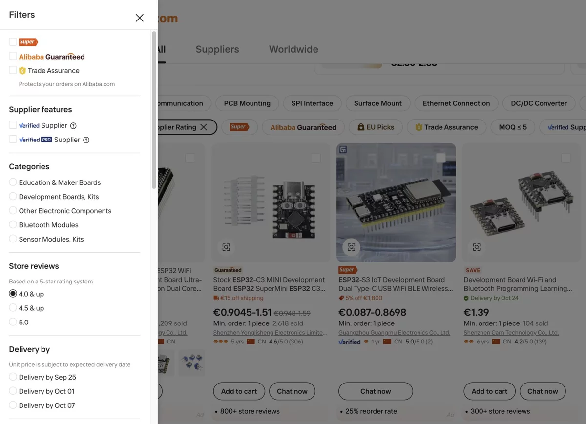 Alibaba sidebar: Store reviews filter with 4.0 and up, 4.5 and up, and exactly 5.0, with no options below 4.0