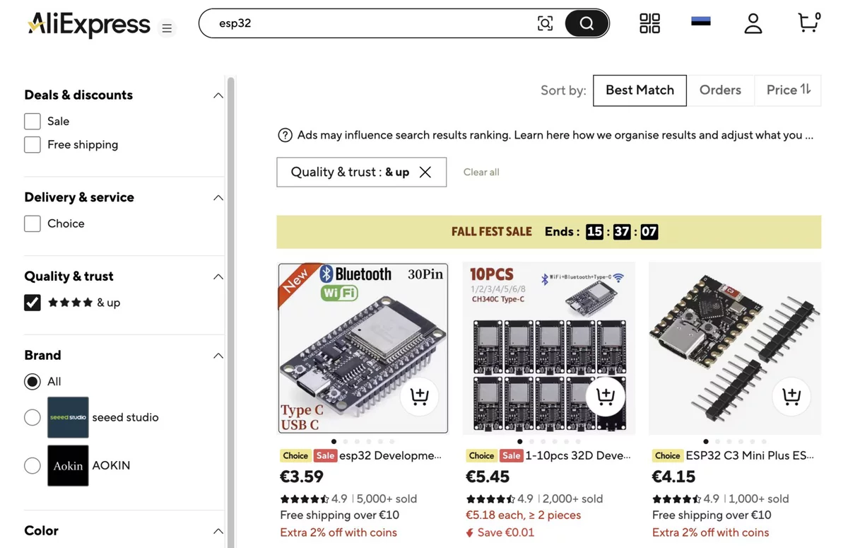 AliExpress results for esp32: Quality and trust filter 4 stars and up is active, no two-star option in the sidebar