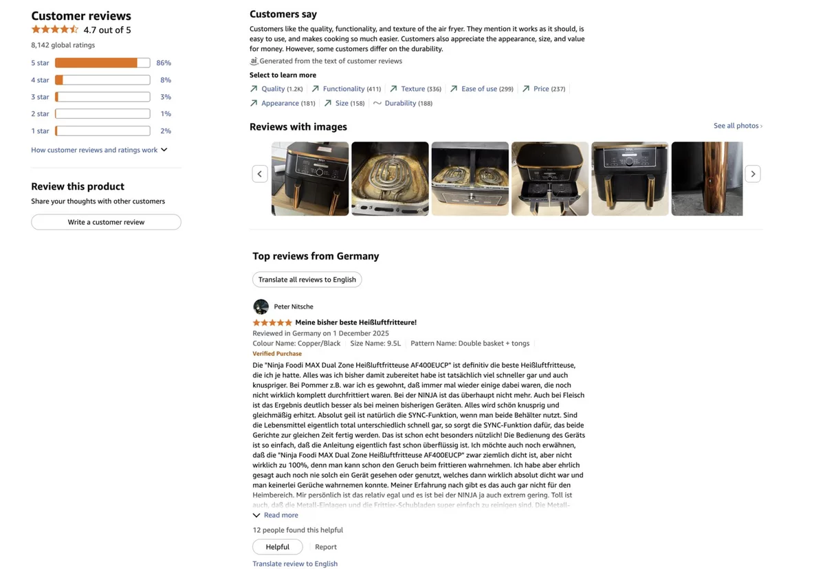 Amazon reviews page: 4.7 average, a Reviews with images strip, and a German review with a Translate review to English link