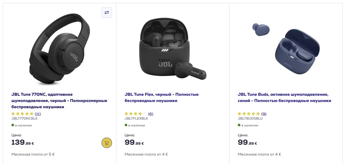 Three JBL headphone cards in the Euronics catalog: stars and a review count under the title