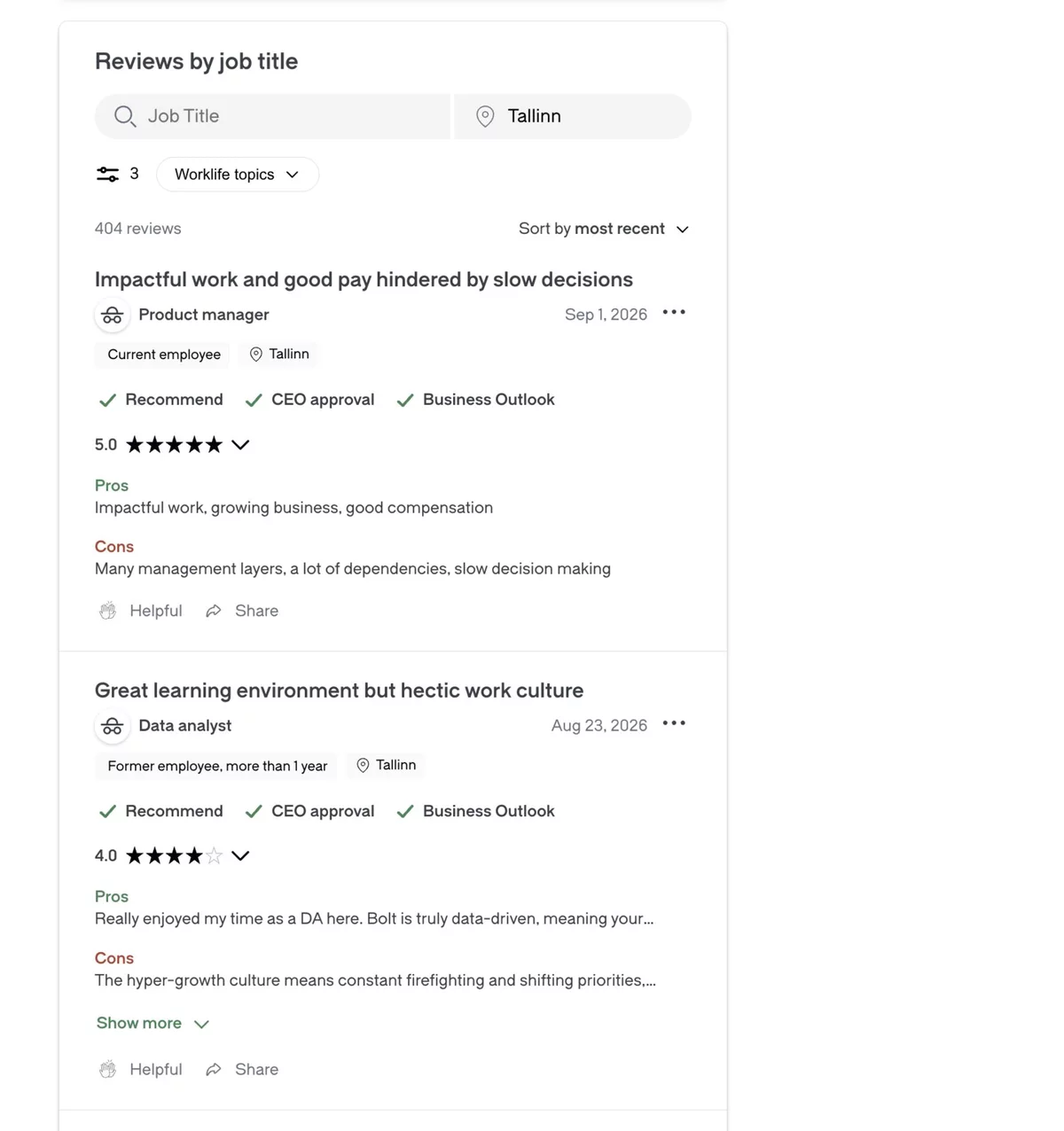 Glassdoor review cards: job title, current or former employee, pros and cons, Helpful button