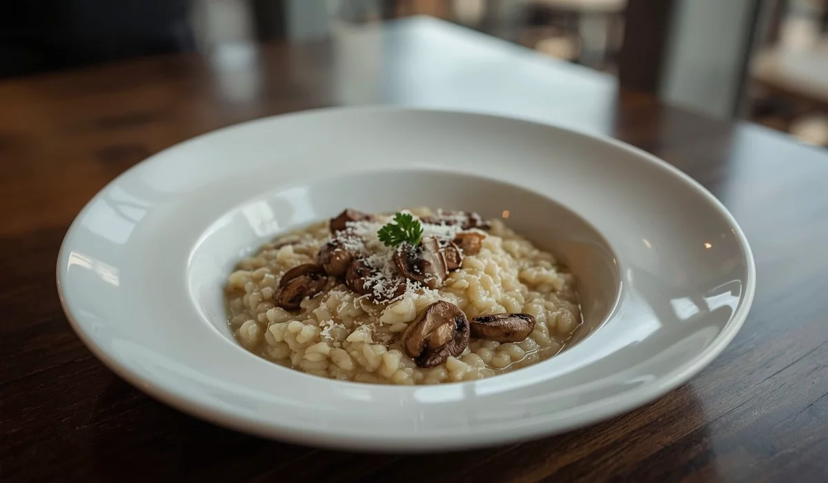 Close-up of a plate of mushroom risotto
