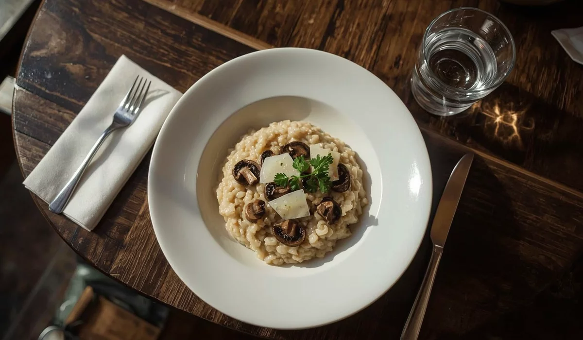 Mushroom risotto on a restaurant table