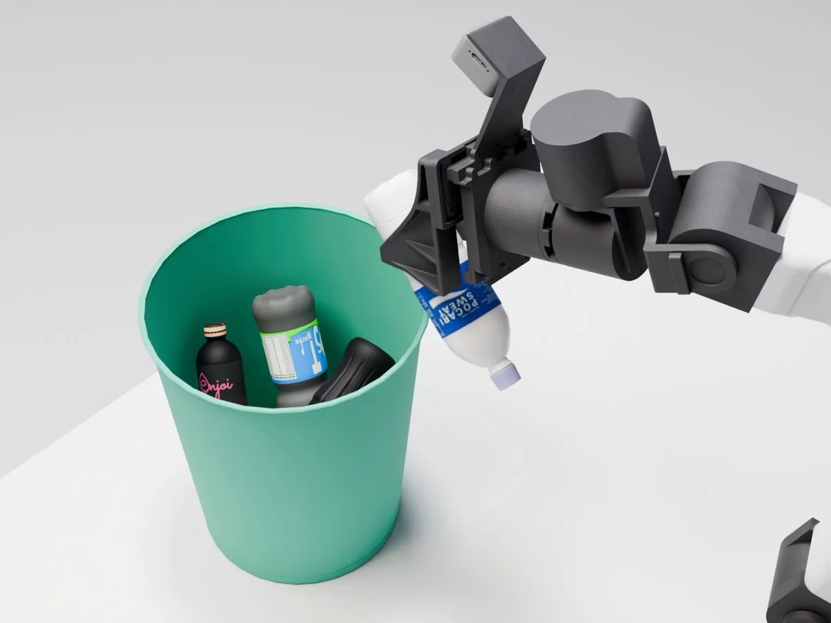 ABC simulation in MuJoCo: an arm drops a bottle into a bin