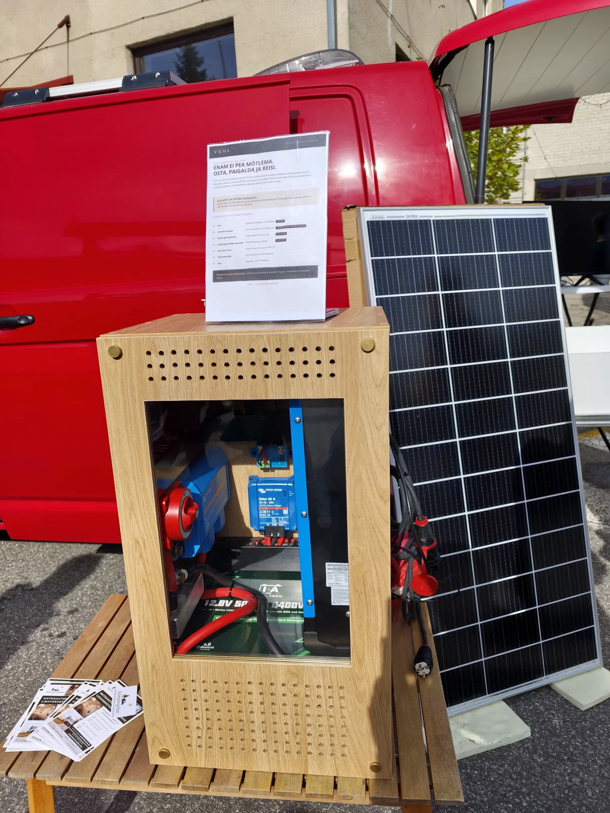 Camper electrics demo stand: Victron inverter, battery and a solar panel