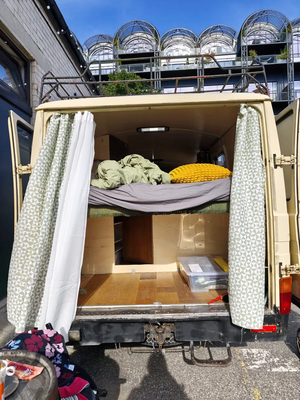 Sleeping area in the back of the Mercedes T2