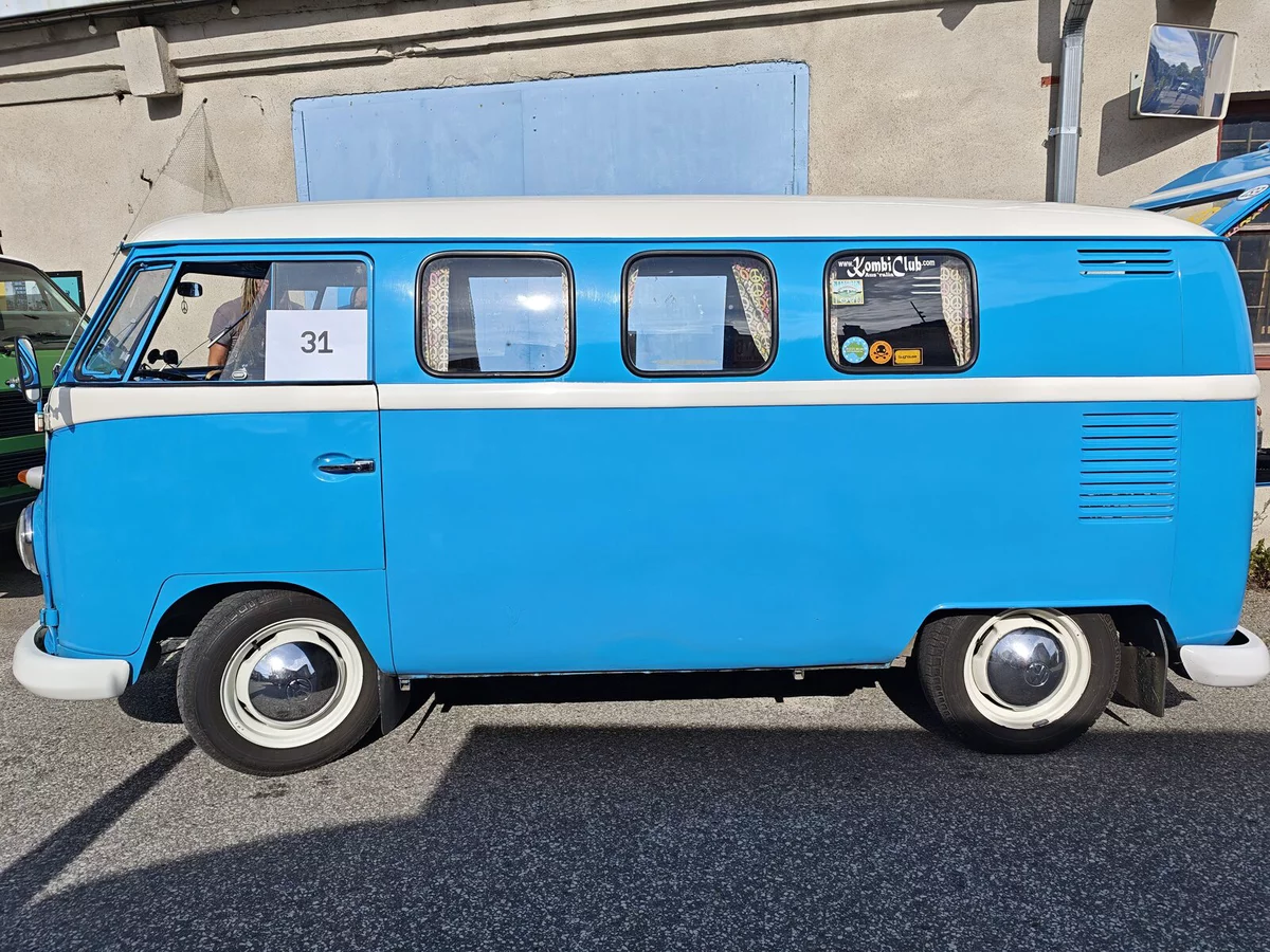 Light blue VW T1 from the side